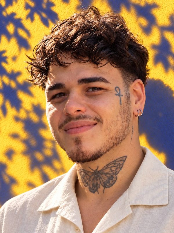 Juan, sorrindo, com camisa clara, diante de uma parede amarela com sombra de folhas.